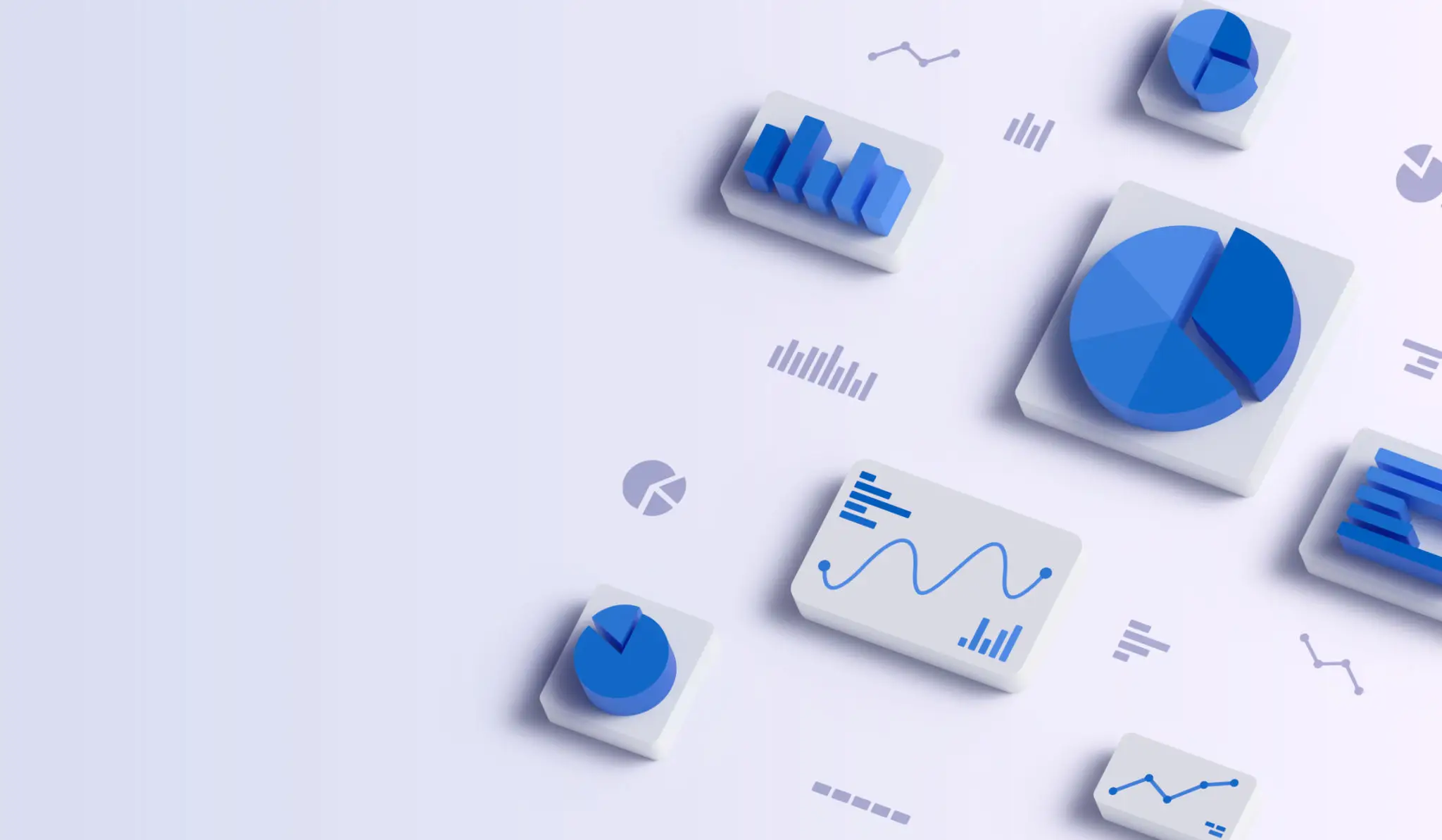3D blue and white business data charts and graphs on a light background.