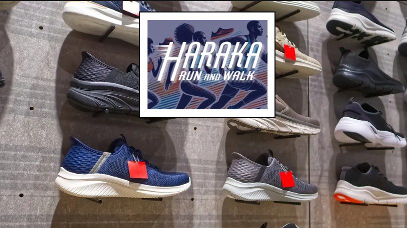 Display of stylish casual sneakers on a wooden shelf with a Haraka brand logo.